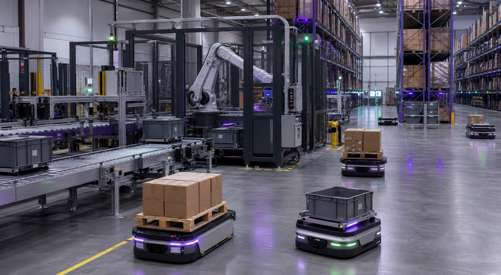 Autonomous mobile robots coordinating pallets and totes with a guarded robotic transfer cell in a modern warehouse